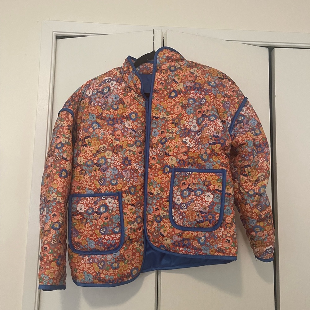 Floral Quilted Jacket with Blue Trim